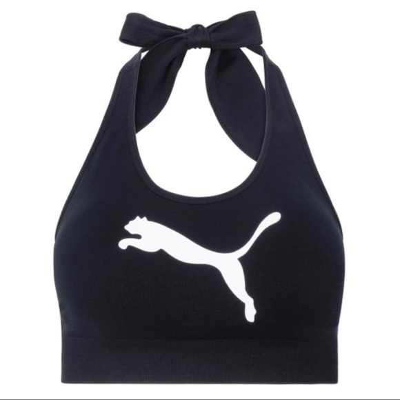Puma Drycell Logo Black Seamless Tie Neck Halter Low Support Sports Bra